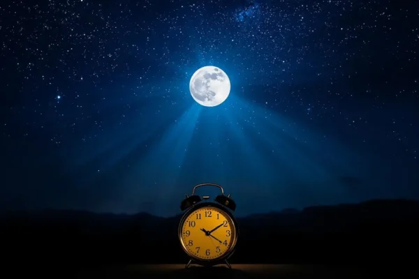 A starry night sky with moonbeams breaking through clouds, representing God's power during midnight prayer.