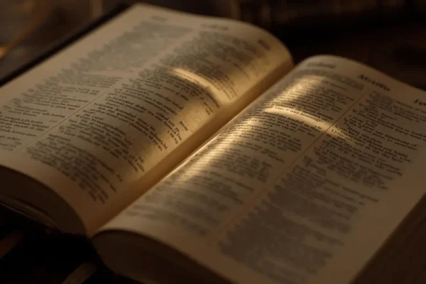 Bible open to the Gospels with light shining across the pages, symbolizing the life of Jesus.
