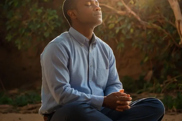 Person praying with hands lifted in a peaceful setting.