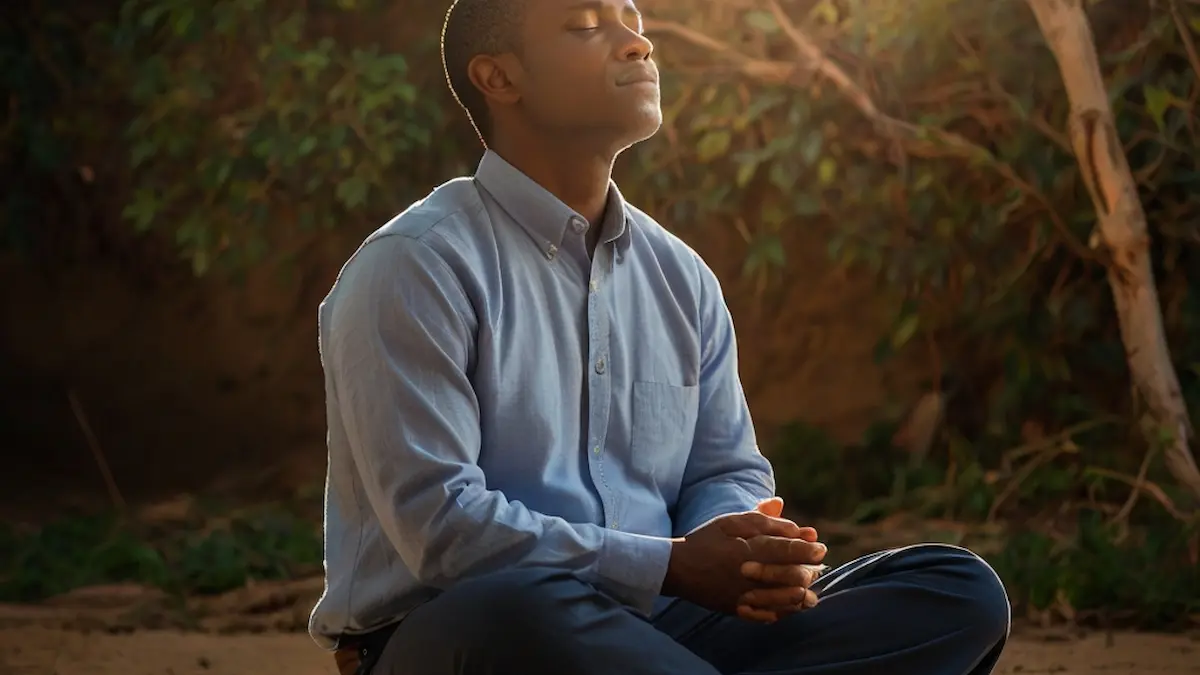 Person praying with hands lifted in a peaceful setting.