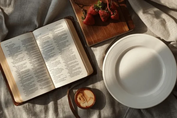 Bible and journal on table with empty plate symbolizing fasting