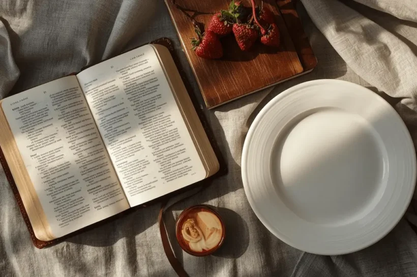 Bible and journal on table with empty plate symbolizing fasting