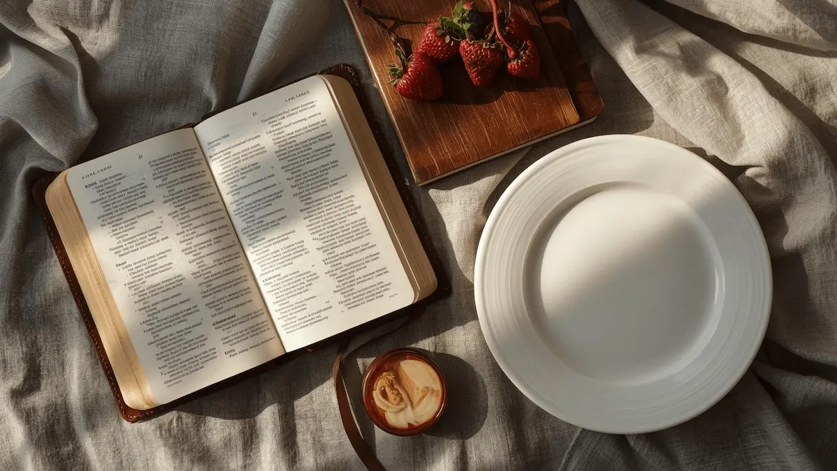 Bible and journal on table with empty plate symbolizing fasting