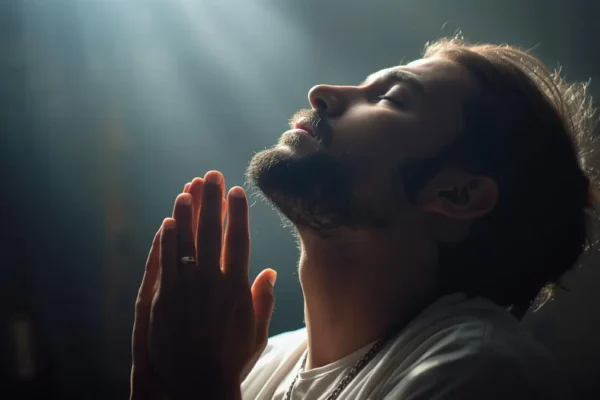 Person praying with hands raised in quiet room