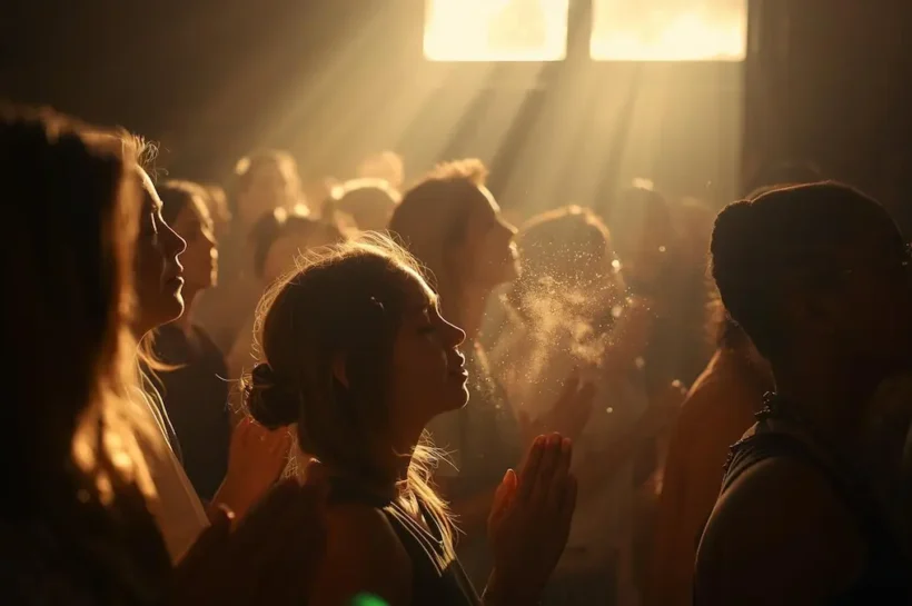 Group of believers praying together with sunlight streaming in