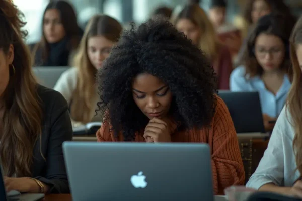 Diverse students and young professionals taking a moment for daily prayer in a modern library setting.
