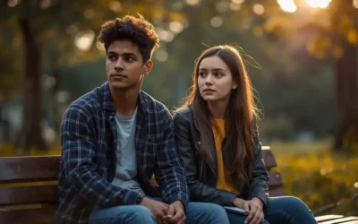 Christian teenage boy and girl experiencing peace and advantage through prayer in a natural setting.