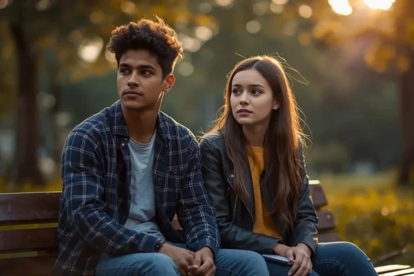 Christian teenage boy and girl experiencing peace and advantage through prayer in a natural setting.