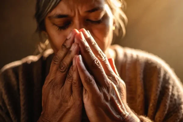 Believer lifting hands in prayer with warm light shining down.