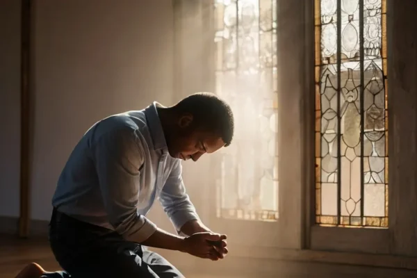 Believer praying with eyes closed and hands clasped, sunlight illuminating the space
