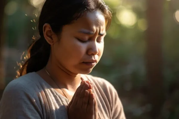 Believer in prayer with eyes closed, hands lifted, light shining through window.
