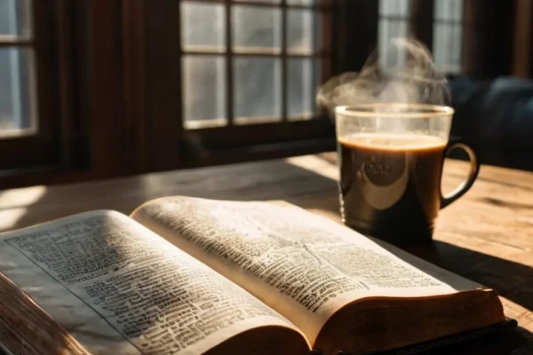 An open bible on a modern desk, symbolizing the transformative power of scripture in daily life.