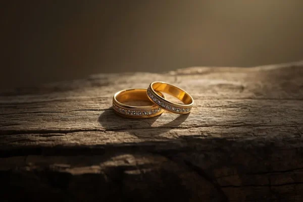 Two wedding rings on rough wood illuminated by soft light Caption: God’s light keeps covenant love shining, even in life’s rough seasons.