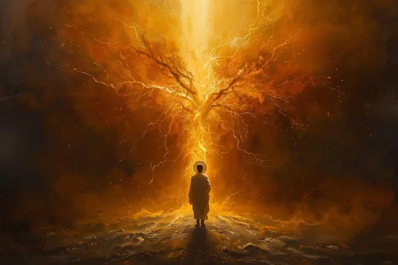 Moses before the burning bush symbolizing a divine encounter.