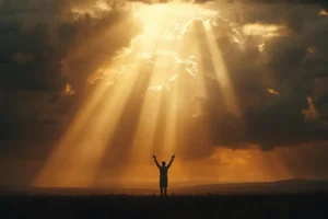 Believer lifting hands as heavenly light breaks through clouds, representing revival.