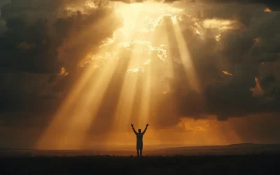 Believer lifting hands as heavenly light breaks through clouds, representing revival.