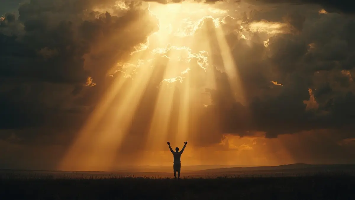 Believer lifting hands as heavenly light breaks through clouds, representing revival.