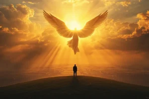 God fighting for His people with heavenly light and angelic protection.