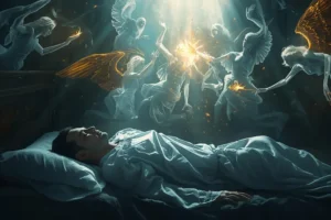 “Sleeping believer protected by angels against dark spiritual forces in dream”