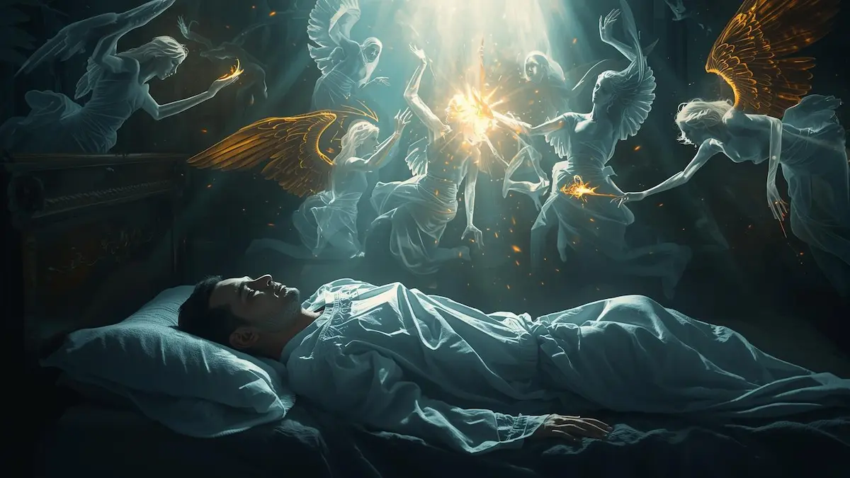 “Sleeping believer protected by angels against dark spiritual forces in dream”