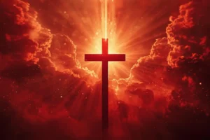 “Radiant cross with flowing red light representing the power of the Blood of Jesus”