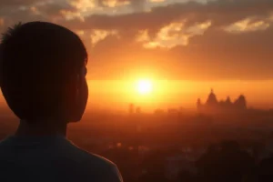 “Believer gazing at sunrise with crown and palace symbolizing destiny fulfillment”