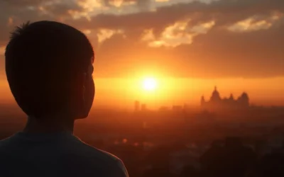 “Believer gazing at sunrise with crown and palace symbolizing destiny fulfillment”