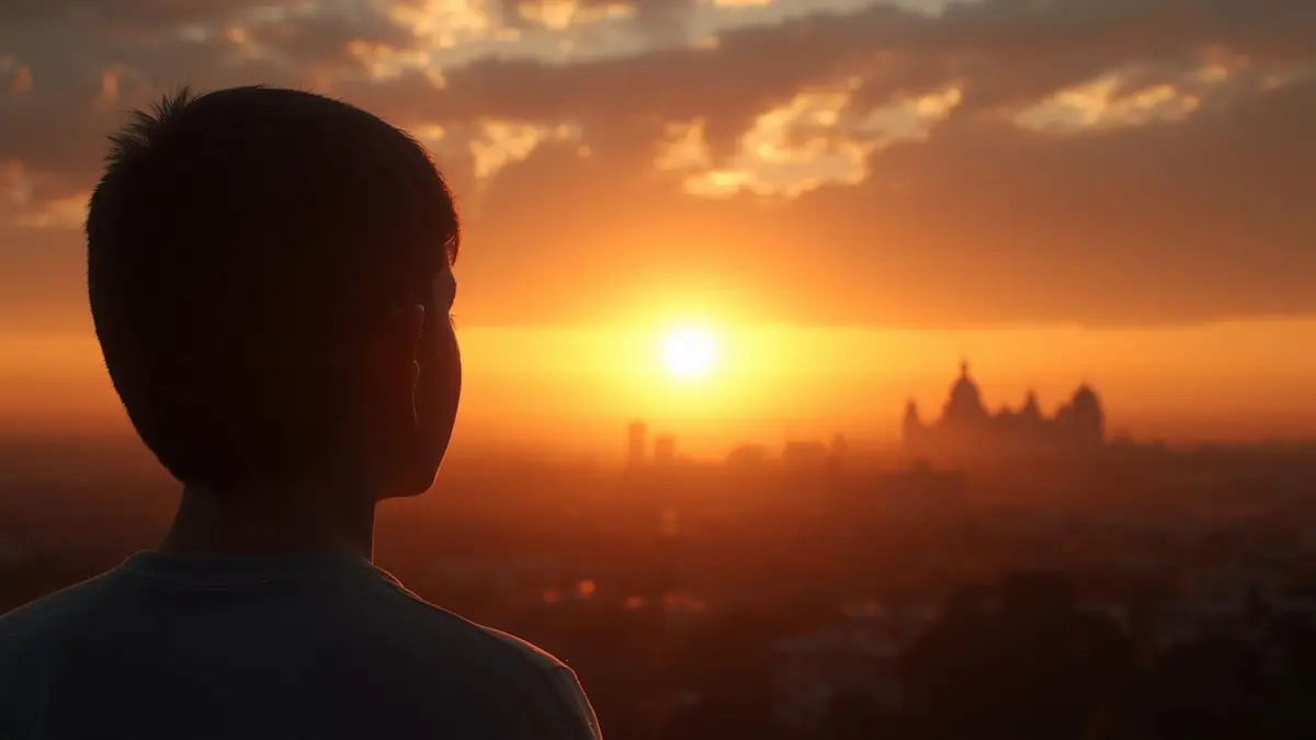 “Believer gazing at sunrise with crown and palace symbolizing destiny fulfillment”