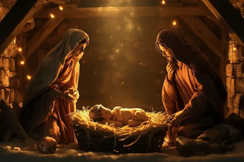 Nativity scene with baby Jesus, Mary, and Joseph on Christmas.