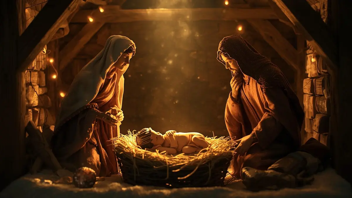 Nativity scene with baby Jesus, Mary, and Joseph on Christmas.