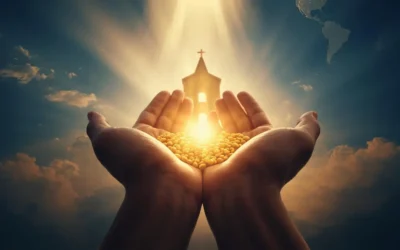 Open hands holding glowing seeds under heavenly light representing Kingdom investor biblical giving and stewardship.