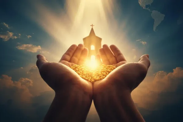 Open hands holding glowing seeds under heavenly light representing Kingdom investor biblical giving and stewardship.