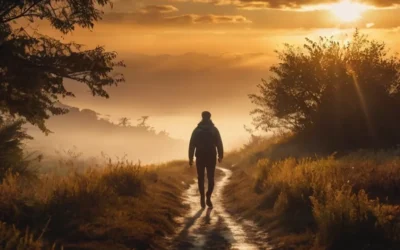 Person walking toward sunrise symbolizing walking in alignment with God