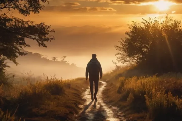 Person walking toward sunrise symbolizing walking in alignment with God
