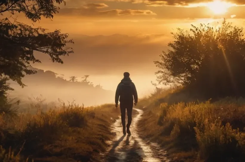 Person walking toward sunrise symbolizing walking in alignment with God