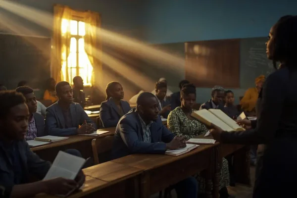 Christian ministry training classroom with students learning theology