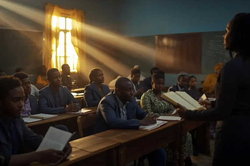 Christian ministry training classroom with students learning theology