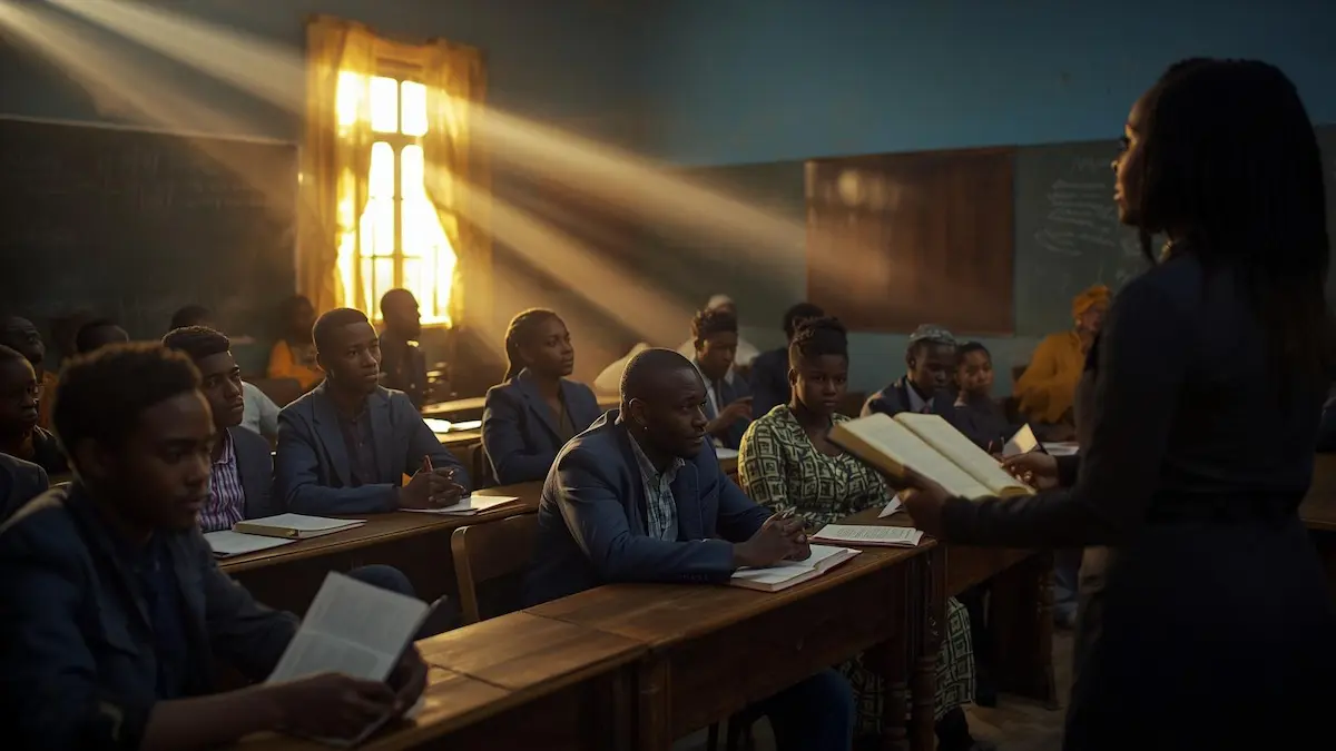 Christian ministry training classroom with students learning theology