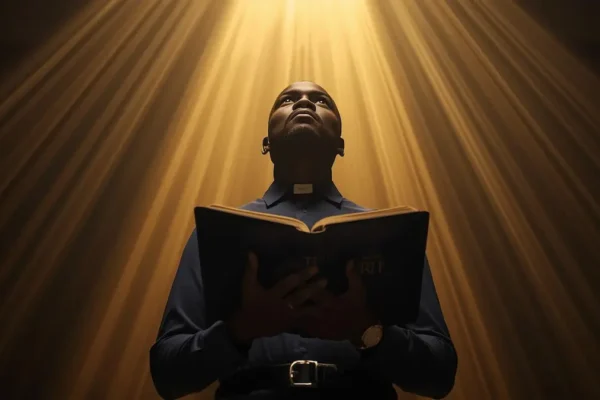 African Christian holding a Bible looking upward with golden light symbolizing divine calling and purpose