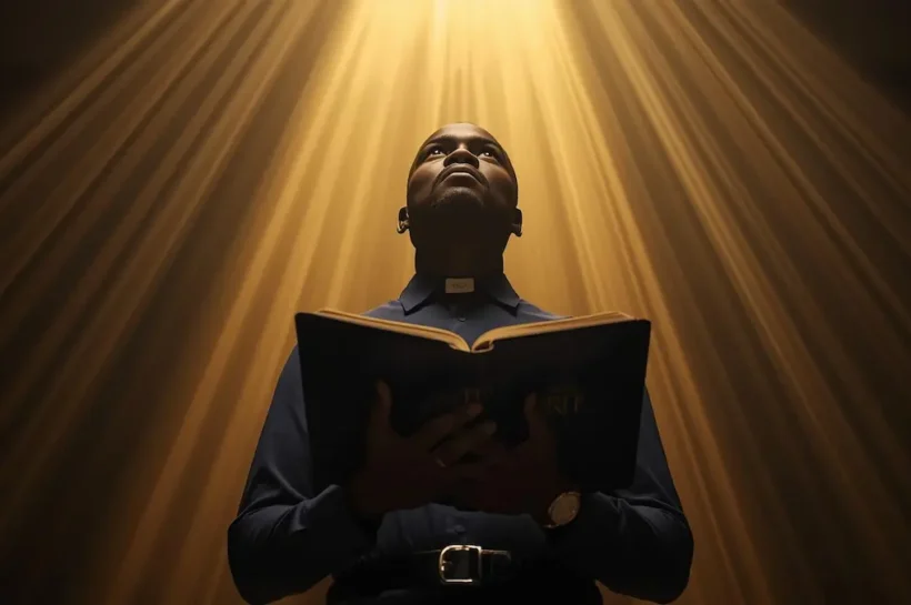 African Christian holding a Bible looking upward with golden light symbolizing divine calling and purpose