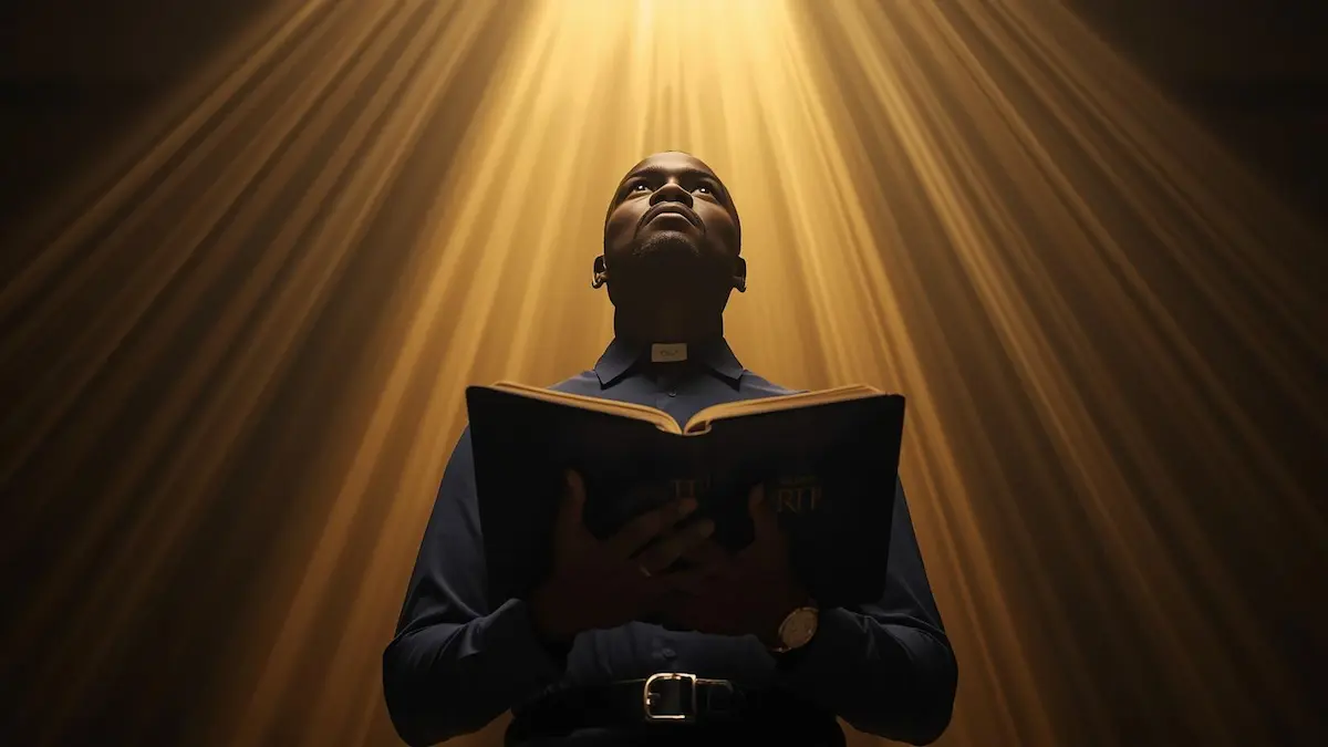 African Christian holding a Bible looking upward with golden light symbolizing divine calling and purpose