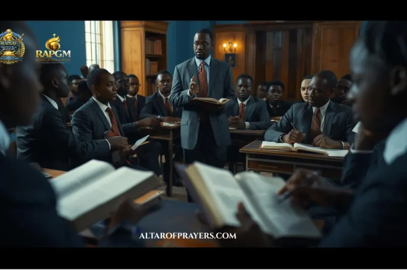 African Christian students in a seminary classroom studying with open Bibles and notebooks while a teacher instructs, in a focused, spiritual learning environment with blue and gold tones.