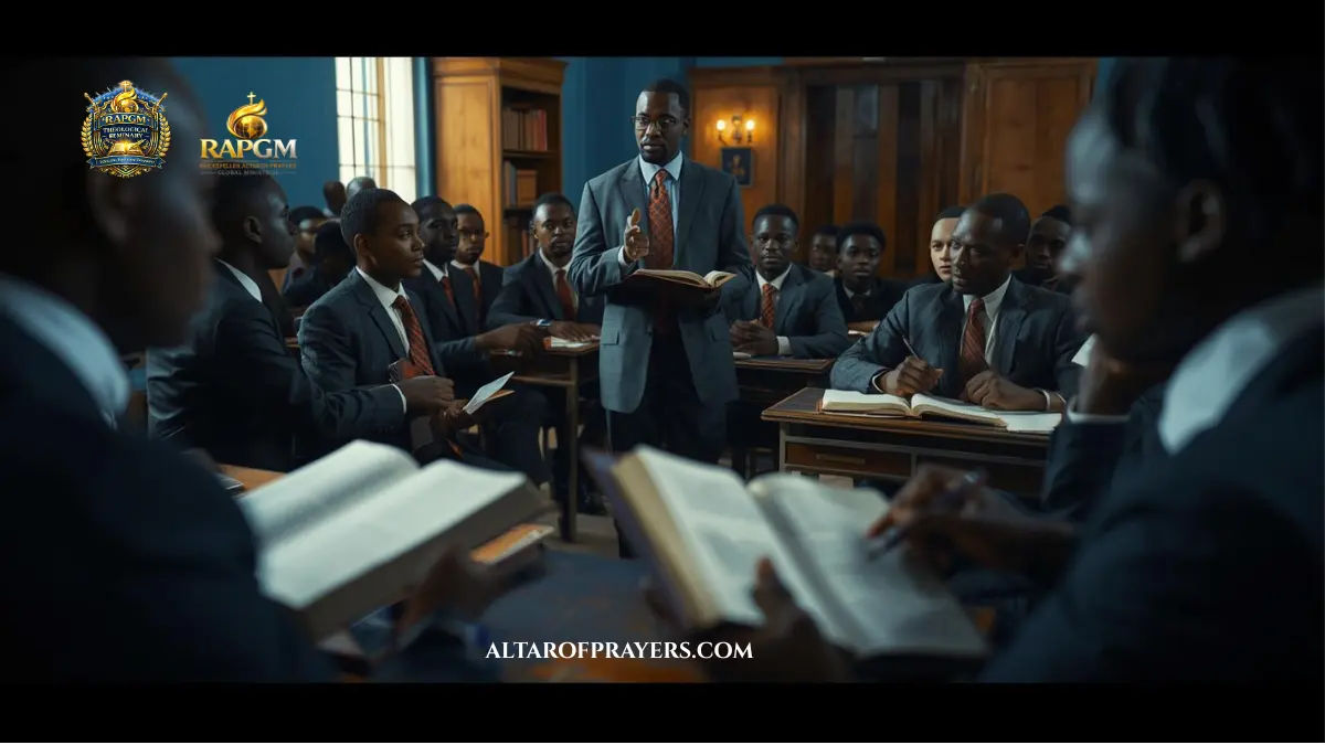 African Christian students in a seminary classroom studying with open Bibles and notebooks while a teacher instructs, in a focused, spiritual learning environment with blue and gold tones.