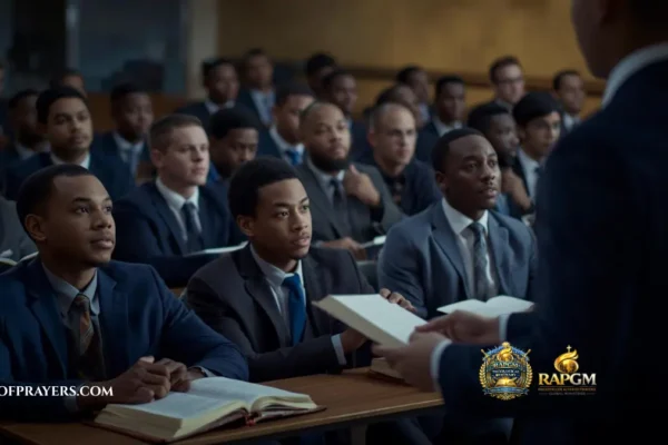 African Christian students studying the Bible in a seminary classroom setting