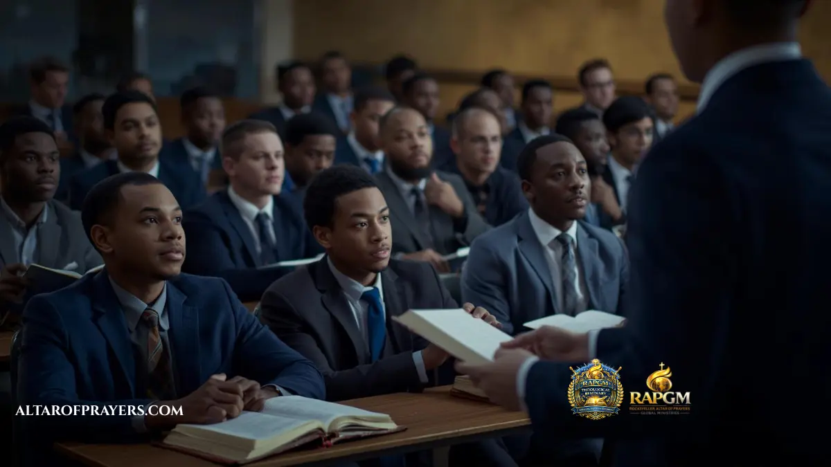 African Christian students studying the Bible in a seminary classroom setting