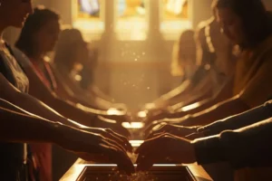 Believers giving offerings in church symbolizing biblical generosity and worship