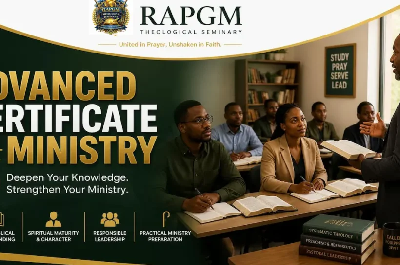 African lecturer teaching ministry students studying the Bible for the Advanced Certificate in Ministry at RAPGM Theological Seminary.