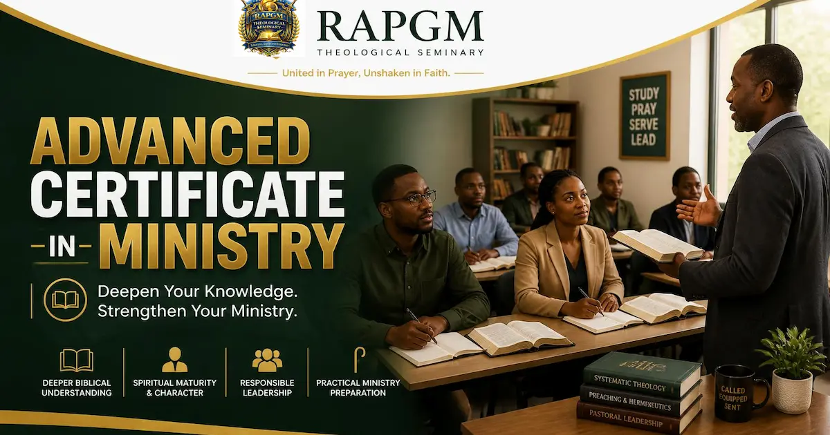 African lecturer teaching ministry students studying the Bible for the Advanced Certificate in Ministry at RAPGM Theological Seminary.