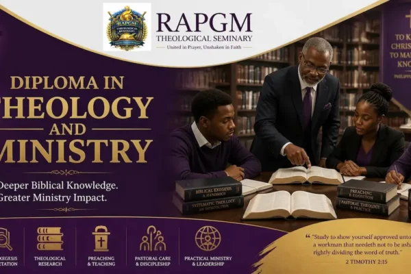 African theological students studying theology books and open Bibles for the Diploma in Theology and Ministry at RAPGM Theological Seminary.