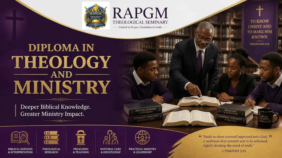 African theological students studying theology books and open Bibles for the Diploma in Theology and Ministry at RAPGM Theological Seminary.
